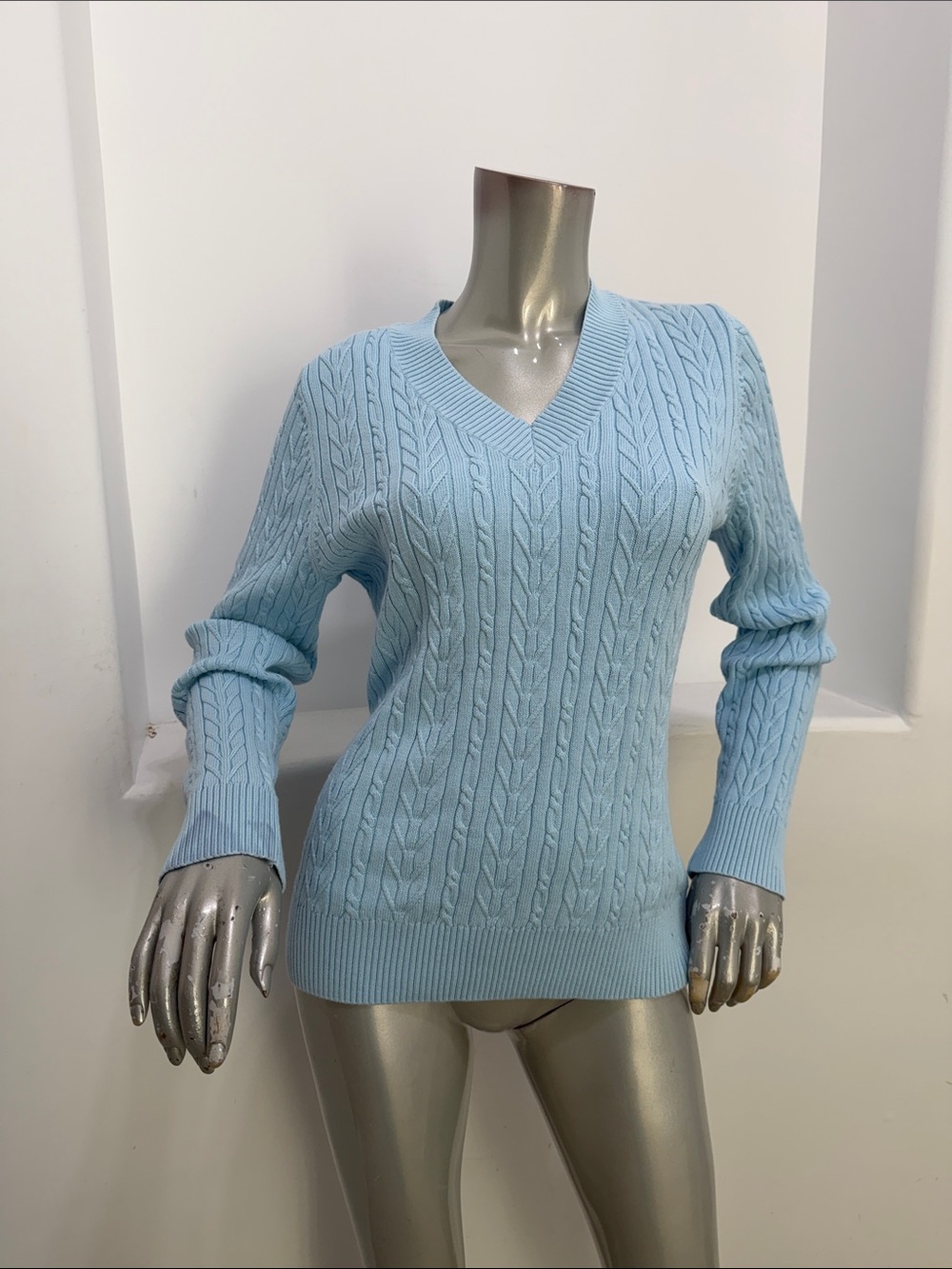Jessica Sport Vintage Light Blue Cable-Knit V-Neck Sweater Top Size M